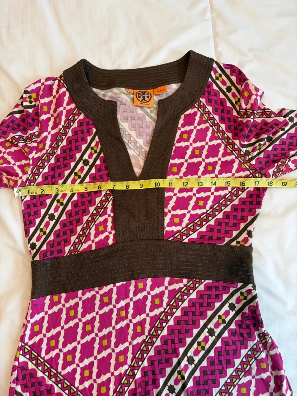 Tory Burch 100% Silk Dress L Y2K Geometric Pink Brown Designer B18